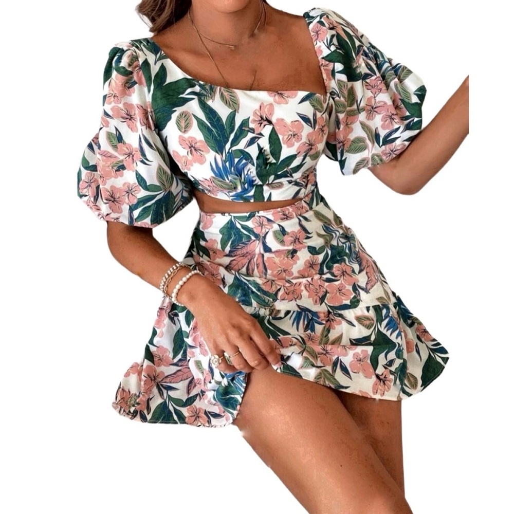 Boho Floral Cut Out Asymmetrical Neckline Lantern Sleeve Dress Size Large